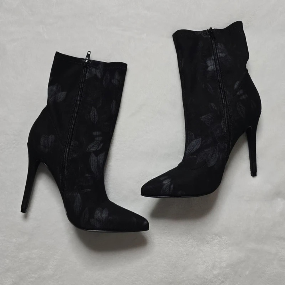 Black Floral Pointed Stiletto Ankle Boots with Side Zip